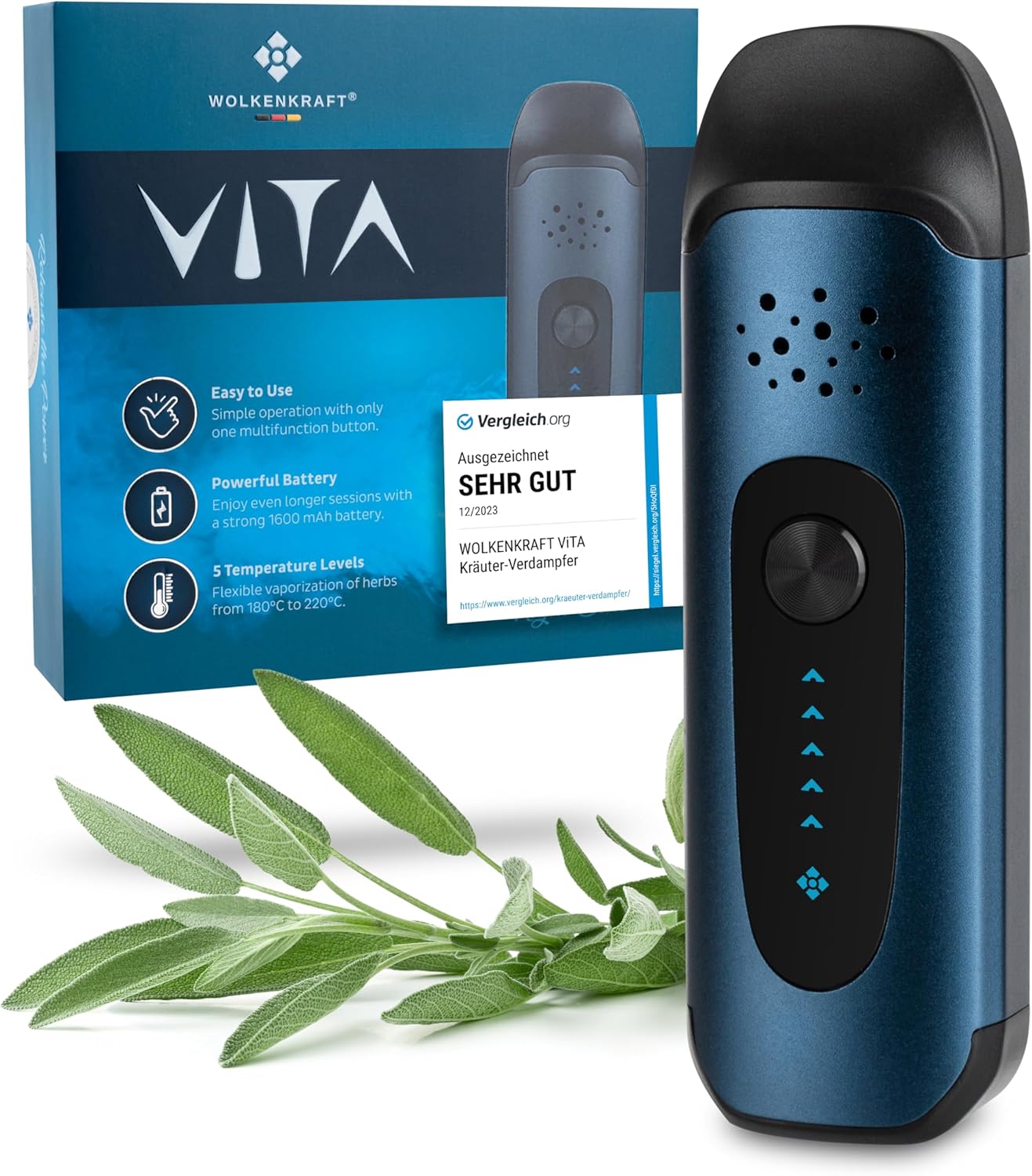 WOLKENKRAFT VITA Kräuter-Vaporizer Nachtblau mit 5 Temperaturstufen und magnetischem Mundstück