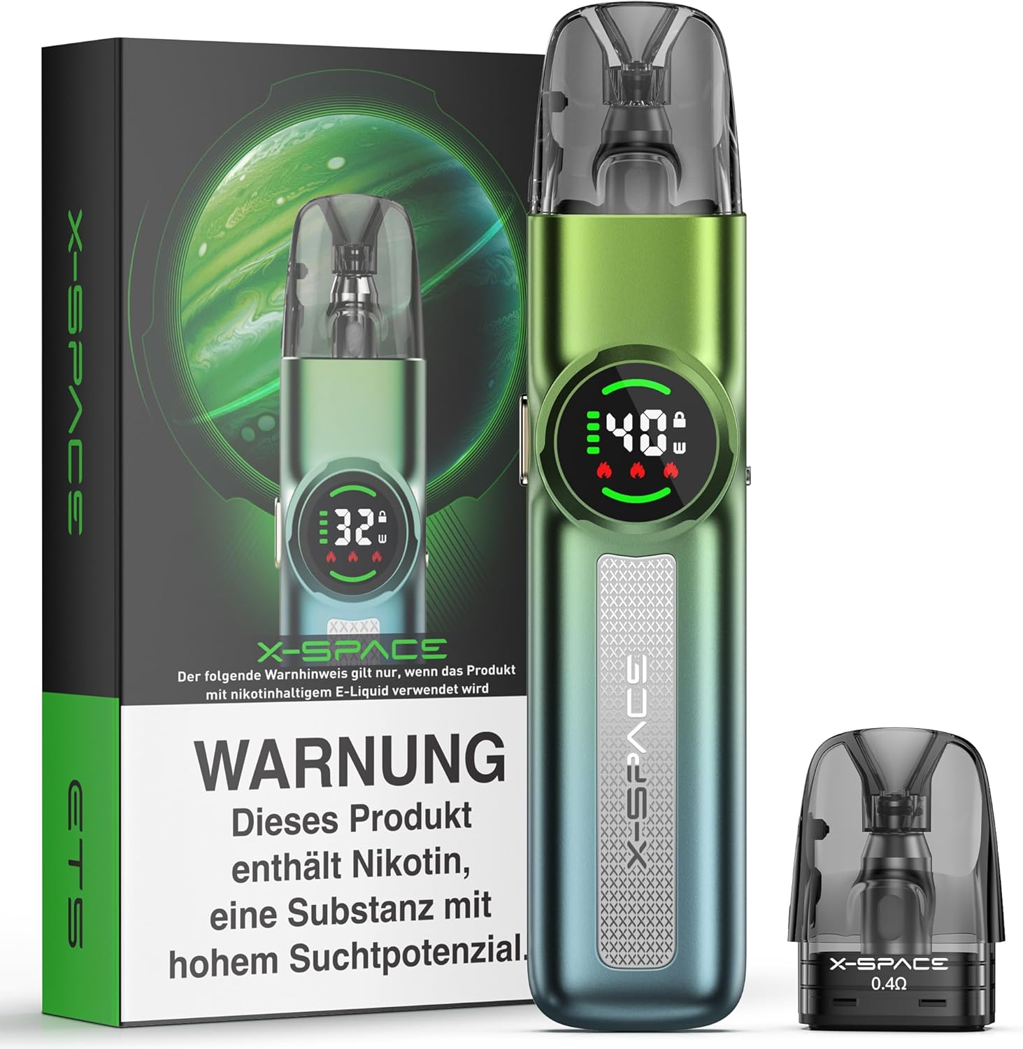 X-SPACE ET5 Pod System grün-türkis mit digitalem Display und magnetischen Pods